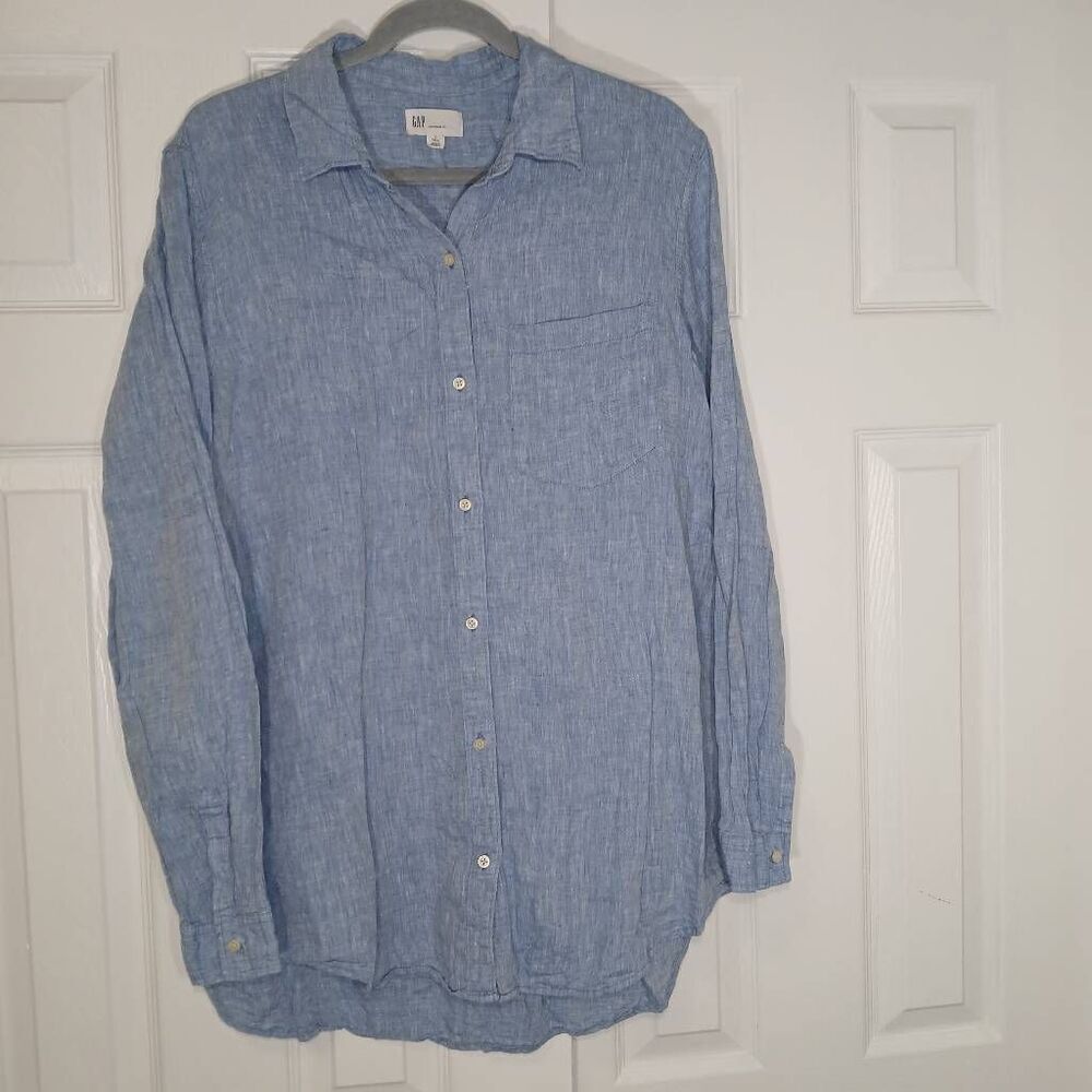 Gap womens large tall boyfriend fit linen shirt top blue quiet luxury